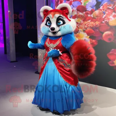 Produktbild von Blauer REDBROKOLY roter Panda Maskottchen Kostüm charakter gekleidet mit einem Ballkleid und Broschen