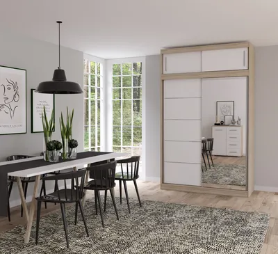Produktbild von Schwebetürenschrank Kleiderschrank Schrank 150cm mit Spiegel und Aufsatz 150/45/61cm Sonoma/Weiß Vista 05