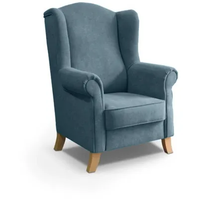 Produktbild von Ohrensessel LEONARDO Relax Sessel für Wohnzimmer, Polstersessel, Plüsch Blau, Holzbeine Buche