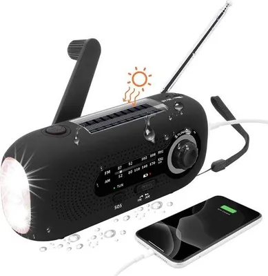 Obrázek produktu pro Nouzové rádio – vysílačka na solární energii a s ruční klikou – AM/FM rádio s dynamem a baterií 2000 mAh – LED svítilna se 4 režimy – SOS alarm pro venkovní použití