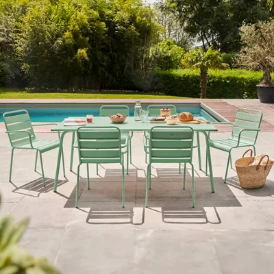 Produktbild von Gartentisch und 6 Stahlsessel Grün - Oviala Palavas