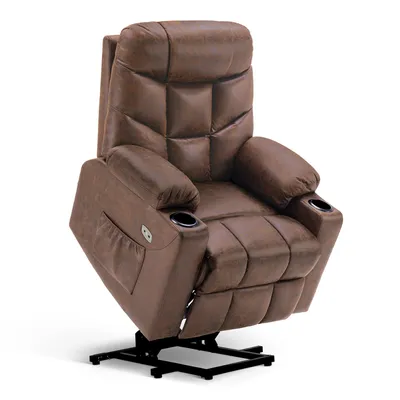 A brown recliner chair with a lift assist mechanism is shown against a white background.