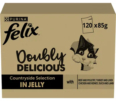 Productafbeelding van FELIX Dubbel Lekker Natvoer voor Katten. Een gevarieerd assortiment smaken, afkomstig van het platteland. 120 bakjes