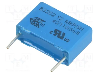 Zdjęcie produktu dla 2 kondensatory: Y2, tolerancja 20%, wymiary 15mm, 6x12x18mm, napięcie 300VAC, oznaczenie B32022A3223M, typ X2/Y2, pojemność 22nF