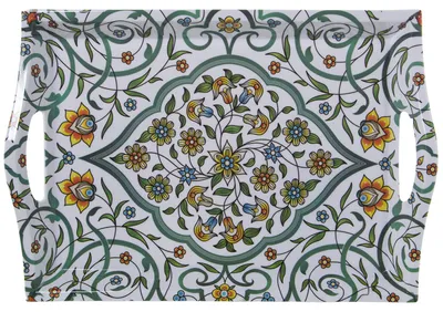 Produktbild von Tablett aus Melamin mit Griffen, dekoriert mit arabesken Blumenmotiven, 44 x 31 x 5 cm