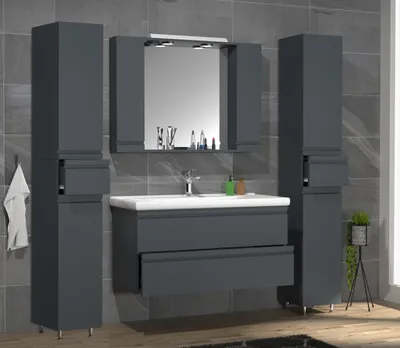 Produktbild von VCM 5-tlg. Waschplatz | Waschtisch Unterschrank 100 cm | Badmöbel Set mit Waschbecken Spiegelschrank Hochschrank | grifflose Schubladen | Komplettset Silora XL