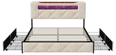 Image de Lit avec coffre de rangement 140x200 cm - Structure de lit avec espace de rangement - 4 tiroirs - Tête de lit avec éclairage LED - Port de charge USB - Beige