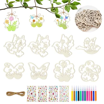 Image de Kit de loisirs créatifs en bois pour enfants, comprenant des pendentifs à décorer, idéal pour les filles à partir de 4, 5, 6, 7, 8, 9 et 10 ans. Kit créatif pour anniversaires, avec stylos et autocollants. Bois naturel