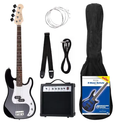 Produktbild von Rocktile Groover's Pack PB E-Bass Komplettset Schwarz (Verstärker, Tasche, Kabel, Gurt, Ersatzsaiten und Schule mit DVD)