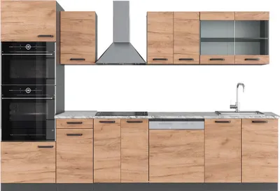 Immagine prodotto di Cucina componibile Vicco R-Line Rovere dorato 300 cm con armadio alto, PL Marmo, Model 43152
