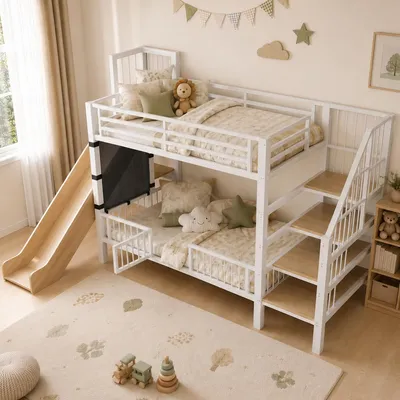 Produktbild von STILVORA Metall-Hochbett 90x200 cm mit Rutsche & Stauraumtreppe, Kinderbett mit Schutzgittertür & integrierten Regalen, Bettgestell platzsparend für Kinderzimmer Weiß