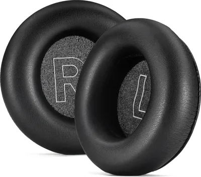 Two black headphone ear pads are shown on a white background.