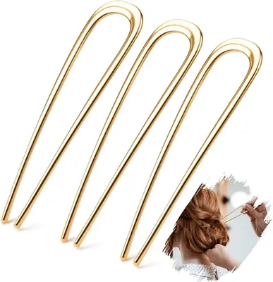 Zdjęcie produktu dla Zestaw 3 francuskich spinek do włosów w kształcie litery U, 14 cm, złote, idealne do dużych fryzur upiętych