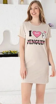 Produktbild von Damen Nachthemd Tunika Pyjama Schlafanzug Hellbraun M Kurz Nachtwäsche mit Muster L-79