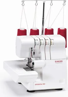 A white Singer serger sewing machine with red thread spools on a white background.