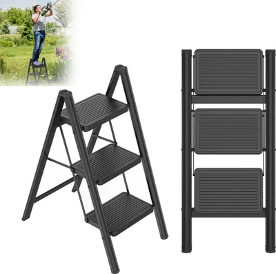 Produktbild von LZQ Stepladder 3 stopnie, składane stopnie, składana drabina z szerokim antypoślizgowym pedałem, drabina do użytku domowego Wielofunkcyjny stołek Łatwy do przechowywania udźwig do 270 kg, drabina do użytku domowego, biurowego, czarny