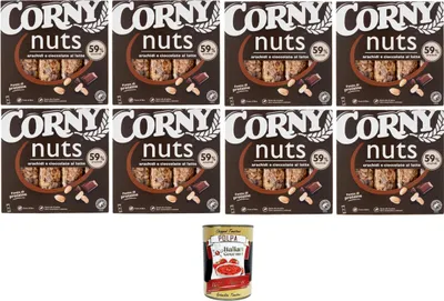 Produktbild von Corny Nuts Riegel mit Getreide, Erdnüssen und Milchschokolade, ohne Palmöl, Ballaststoffquelle 8x96gr + Italian Gourmet polpa 400g
