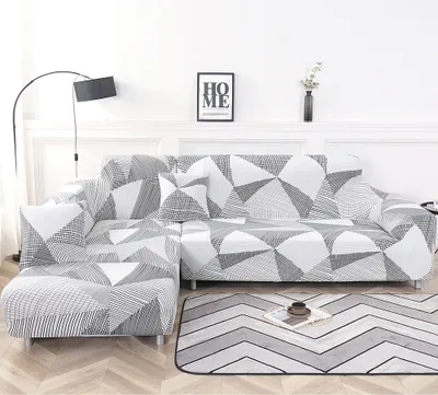 Produktbild von Elastisch Sofabezug Ecksofa L Form Sofahusse Sofa Überwurf Sofaüberwurf Couch Bezug, für Ecksofa (2-Sitzer+3-Sitzer),Weiß Grau Gitter