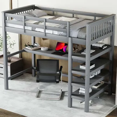 Obrázek produktu pro Půdní postele AIORBER, 90 x 200 cm, s psacím stolem a policí, z borovicového dřeva a MDF, prostorově úsporné a bezpečné, do dětských pokojů a studentských bytů, šedá barva