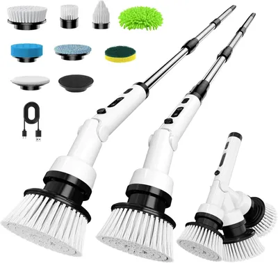 Obrázek produktu pro Elektrický čisticí kartáč s 8 vyměnitelnými hlavicemi, IPX7, 3 režimy, bezdrátový Spin Scrubber, nastavitelná rukojeť, vhodný do koupelny, kuchyně i do auta