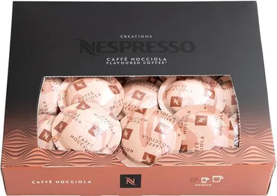 A box of Nespresso Caffè Nocciola flavored coffee capsules.