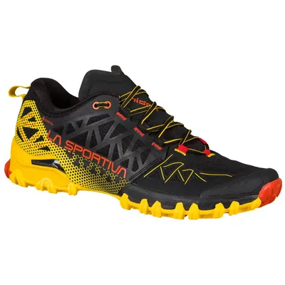 Trailrunning-Schuhe "Bushido II GTX" von La Sportiva in Schwarz und Gelb mit rutschfester Sohle und atmungsaktivem Obermaterial.