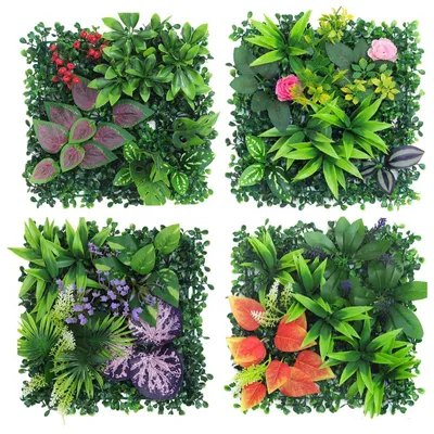 Image de Mur végétal artificiel pour l'extérieur, 4 éléments de mur végétal artificiel, 25 x 25 cm, décoration végétale artificielle pour mur, balcon et jardin (Hybrid 05)