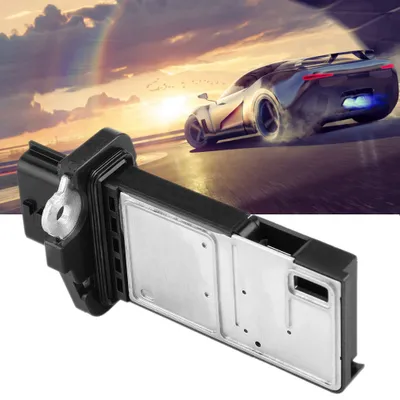 A car part (mass airflow sensor) is shown in the foreground with a stylized image of a sports car drifting in the background.