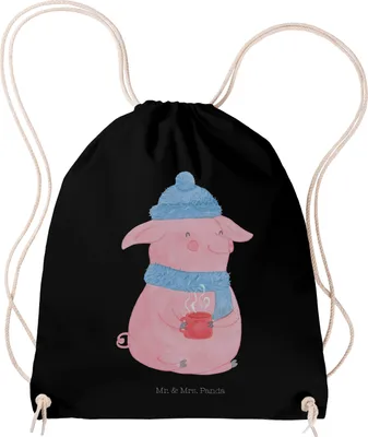 Produktbild von Mr. & Mrs. Panda Jutebeutel Schweinchen Glühwein - Schwarz - Geschenk, Betrunken, Turnbeutel, Spruch, gym tasche, Säckchen, gymnastiktasche, Weihnachten, wander rucksack