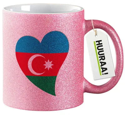 Produktbild von Huuraa Glitzertasse Aserbaidschan Flagge Herz 330ml Pink Keramik Kaffeebecher Geschenkidee
