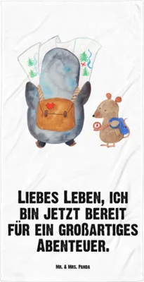 Produktbild von Mr. & Mrs. Panda Handtuch Pinguin & Maus Wanderer - Weiß - Geschenk, Großes, Badehandtuch, Strandtuch, Ausflug, Badelaken, Abenteuer, Duschhandtuch, Pinguine, Wandern