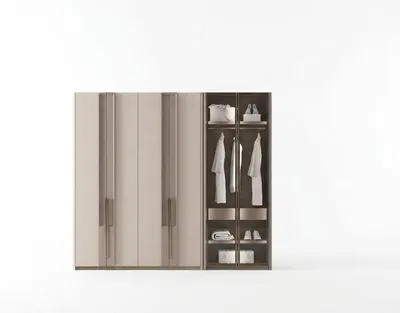 Image de Armoire moderne, portes beige, étagères ouvertes, chambre à coucher
