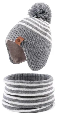 Produktbild von Baby Mütze & Schal Set Winter Strick Bommelmütze für Mädchen Jungen 2-4 Jahre Grau