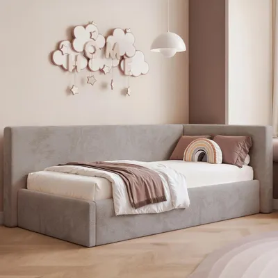 Produktbild von Eckbett Jugendbett Sampre 80x200 cm Taupe Rechts Chenille – Bettkasten, Metalllattenrost