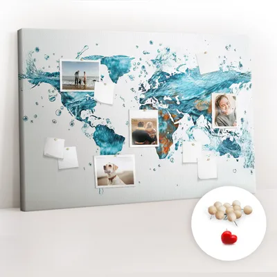 Obrázek produktu pro Korková nástěnka s kolíčky - Tabule s kolíky pro fotografie a poznámky - 120x80 cm - Připínáčky dřevěné 100 kusů - Vodní mapa světa