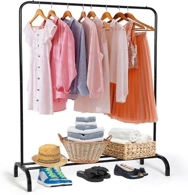 Obrázek produktu pro Věšák na oblečení – stojací – úložný prostor pro oblečení – design 2 v 1 – rozměry 150 x 110 x 40 cm – černá barva