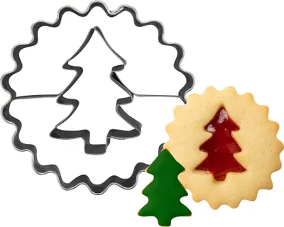 Produktbild von Zenker Ausstecher Linzer mit Tannenbaum Edelstahl Ausstecher für perfekte Weihnachtsplätzchen, 2in1 Ausstecher für Terassenplätzchen und Linzer-Plätzchen Ideal zum Backen an Weihnachten