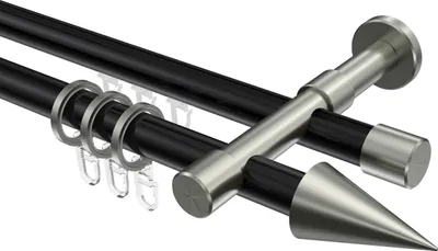 Produktbild von Interdeco Rundrohr-Innenlaufstange / Gardinenstange (Kombination) Schwarz / Edelstahl-Optik, Typ Prestige Savio (Kegel), 20 mm Ø 2-läufig, 440 cm