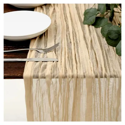 Produktbild von Käsetuch Tischläufer, 2 Stück Boho Tischläufer aus Gaze-Stoff (90x180cm) - Rustikale Tischdecke in Beige - Für Hochzeiten, Geburtstagsfeiern & Vintage-Events