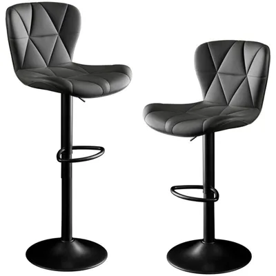 Two black bar stools are shown against a white background.