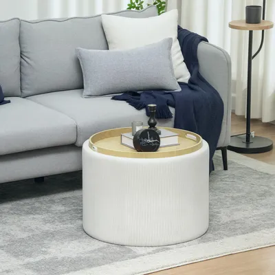 Zdjęcie produktu dla Okrągły puf z schowkiem, puf do siedzenia i podnóżek 4 w 1, obicie z sztruksu w kolorze kremowo-białym | 56 x 56 x 42 cm | do 120 kg | 6 podkładek antypoślizgowych