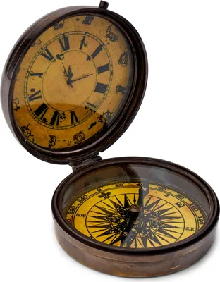 Produktbild von Kompass mit Uhr Messing antik 8cm Taschenkompass Peilkompass Richtungsanzeiger