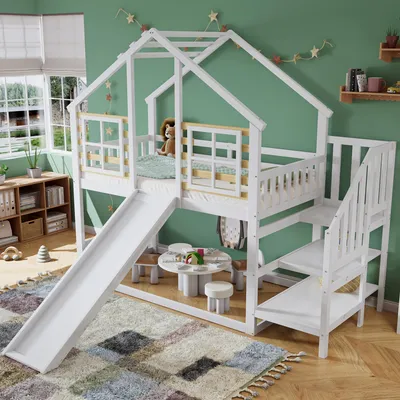 Produktbild von STILVORA Etagenbett 90x200cm mit matratze und Treppe,Kinderbett mit Rutsche,Bettgestell mit Lattenrost und Gitter,Jugendbett