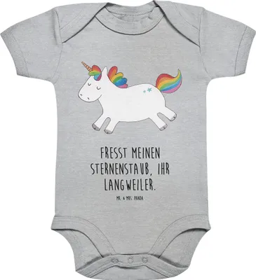 Produktbild von Mr. & Mrs. Panda overall baby Einhorn Happy 3. - 6. Monat - Heather Grey - Geschenk, Unicorn, Spaß, Babybody, Strampler, babykleidung body, Fröhlich, strampelanzug