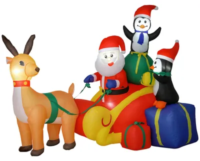 Obrázek produktu pro Nafukovací Santa Claus se saněmi, tučňáky a sobíky – vánoční dekorace – plast – 180 x 120 x 155 cm – vícebarevné