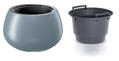 Two planters are shown against a white background. The planter on the left is a round, silver-colored planter. The planter on the right is a dark gray bucket with handles.