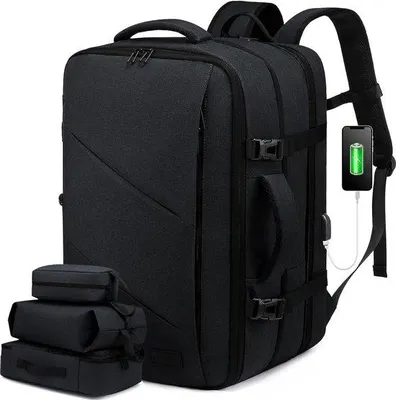 Produktbild von Unyqoos® Handgepäck-Rucksack 30–40L, erweiterbar 51×34×23 cm (51×34×17,5 cm), flugtauglich, Laptopfach für 17 Zoll, diebstahlsicher, schwarz