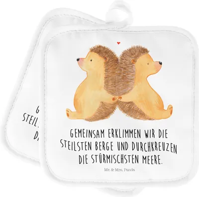 Produktbild von Mr. & Mrs. Panda Topfuntersetzer Igel händchenhaltend - Weiß - Geschenk, Beziehung, Freundin, Topflappen Set, Hochzeit, Doppel, Love, Verknallt, Kochlappen, topfhalter