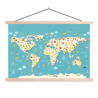 Obrázek produktu pro MuchoWow® Textilní plakát - Mapa světa - Děti - Zvířata - Děti - Chlapci - Dívky - 60x40cm - S hnědými lamelami