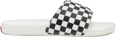 A side view of a white Vans slide sandal with a black and white checkerboard pattern strap.